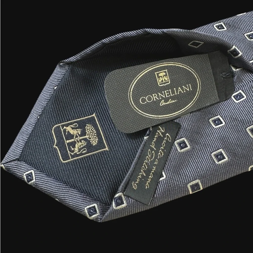 Corneliani Italy Silk Tie Grey Blue Geometric Square Hand Stitched Men Necktie